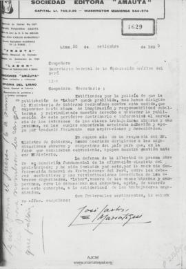 Carta al Secretario General de la Federación Gráfica del Perú, 28/9/1929
