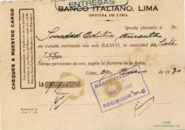 Constancia de Abono al Banco Italiano de Lima, 29/1/1930