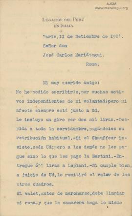Carta de Arturo Osores, 11/9/1921