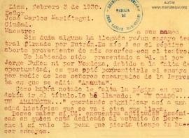 Carta de Carlos Alberto Beltrán, 3/2/1930