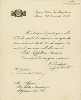 Carta de la Associazone Artistica Internazionale in Roma, 21/11/1921