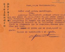 Tarjeta de Alejandro Peralta, 10/11/1926