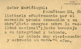Tarjeta de Jorge Luis Leoncio Hildebrandt Dávila, 24/11/1929