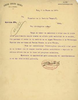 Carta del Presidente del Centro Obrero Iqueño, 8/1/1927