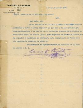 Carta de Manuel E. Lazarte, 9/7/1926