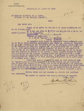 Carta de Guillermo Pezo Ramírez, 26/8/1930