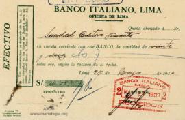 Constancia de Abono al Banco Italiano de Lima, 27/05/1930
