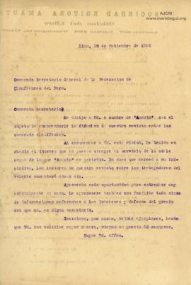 Carta a Federación de Chauffeures del Perú, 30/9/1928