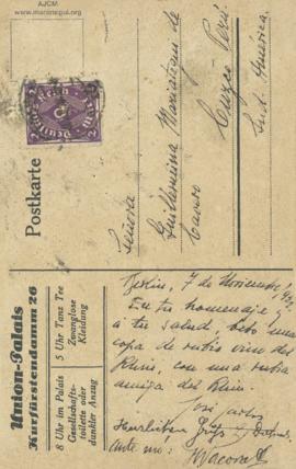 Tarjeta Postal a Guillermina Mariátegui de Cavero, 7/11/1922