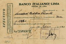 Constancia de Abono al Banco Italiano de Lima, 17/2/1930