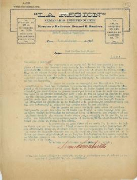 Carta de Samuel Ramírez Castilla, 5/12/1927