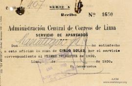 Recibo por Servicio de Apartado Postal, 1/1930