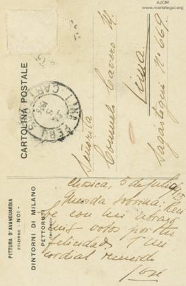 Tarjeta Postal a María Consuelo Cavero Mariátegui