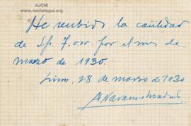 Recibo de pago por servicios de Antonio Navarro Madrid, 28/3/1930