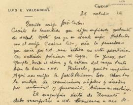 Tarjeta de Luis E. Valcárcel, 28/10/1926