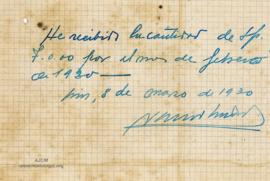 Recibo de pago por servicios de Antonio Navarro Madrid, 8/3/1930