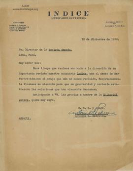 Carta de Antonio S. Pedreira, 12/12/1930