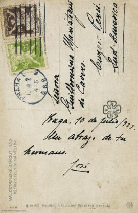 Tarjeta Postal a Guillermina Mariátegui de Cavero, 10/7/1922