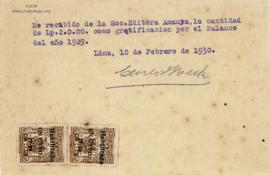 Constancia de pago de gratificación a Carlos Heck, 17/2/1930