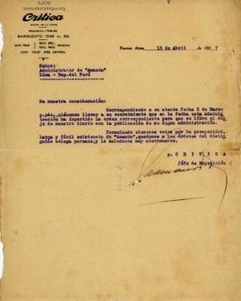 Carta del Diario Crítica, 19/4/1927