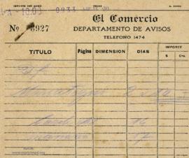 Recibo de pago por aviso en el diario El Comercio, 16/4/1930
