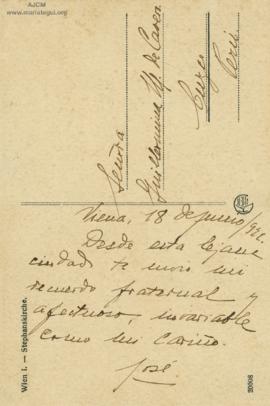 Tarjeta Postal a Guillermina Mariátegui de Cavero, 18/6/1922