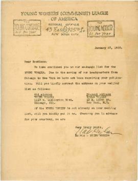 Carta de Young Workers (Communist) League of America, 23/1/1928