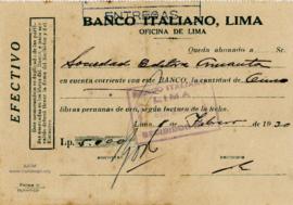 Constancia de Abono al Banco Italiano de Lima, 8/2/1930