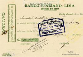 Constancia de Abono al Banco Italiano de Lima, 13/5/1930