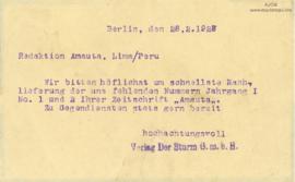 Carta de la revista Der Sturm, 28/2/1927