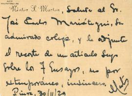 Tarjeta de Néstor S. Martos, 30/11/1929