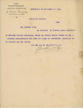 Carta de J. Amador Hernández, 8/9/1926