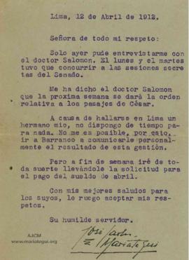 Carta a Artemia G de Falcón, 12/4/1923