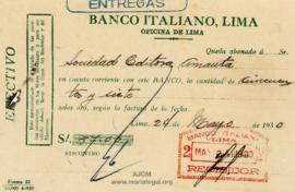 Constancia de Abono al Banco Italiano de Lima, 24/5/1930