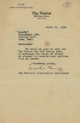 Carta de The Nation, 30/3/1928