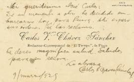 Tarjeta de Carlos V. Chávez Sánchez, 9/3/1929