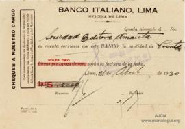 Constancia de Abono al Banco Italiano de Lima, 21/4/1930