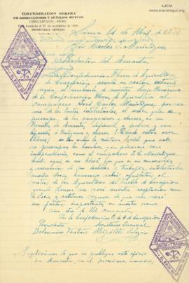 Carta de la Confederación Obrera de Agricultores y Auxilios Mutuos, 12/4/1927
