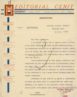 Carta de Editorial Cenit, 18/7/1930