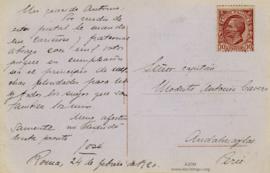 Tarjeta Postal a Modesto Antonio Cavero, 24/2/1920