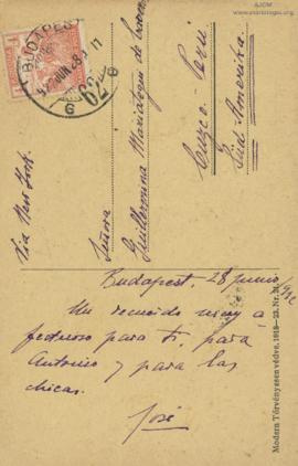 Tarjeta Postal a Guillermina Mariátegui de Cavero, 28/6/1922