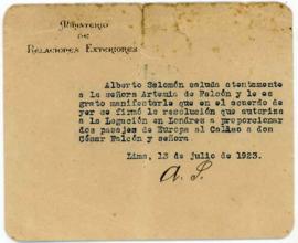 Carta de Alberto Salomon a Artemia G. de Falcón 23/7/1923
