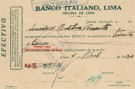 Constancia de Abono al Banco Italiano de Lima, 7/4/1930