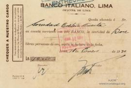 Constancia de Abono al Banco Italiano de Lima, 18/1/1930