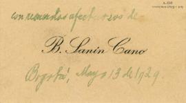 Tarjeta de Baldomero Sanín Cano, 13/5/1929