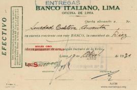 Constancia de Abono al Banco Italiano de Lima, 12/4/1930