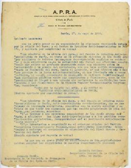 Carta de Eudocio Ravines a la Célula Peruana del Apra en París, 1/5/1929
