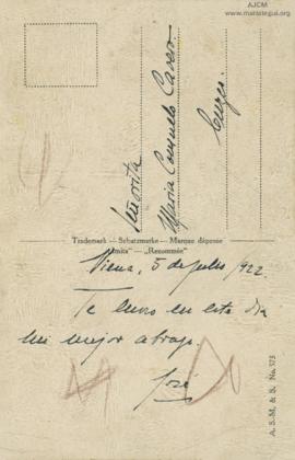 Tarjeta Postal a María Consuelo Cavero Mariátegui, 5/7/1922