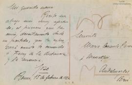 Tarjeta Postal a María Consuelo Cavero Mariátegui, 15/2/1920