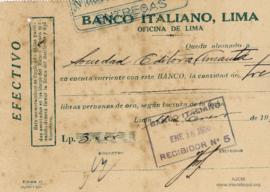 Constancia de Abono al Banco Italiano de Lima, 18/1/1930